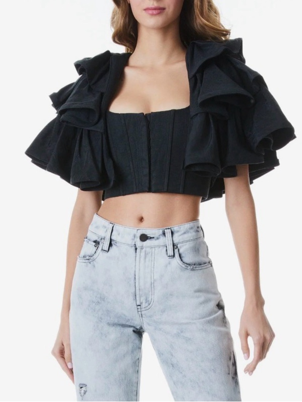 Alice + Olivia Black Ruffle-Shoulder Aly Caplet (not including corset) - Picture 5 of 9